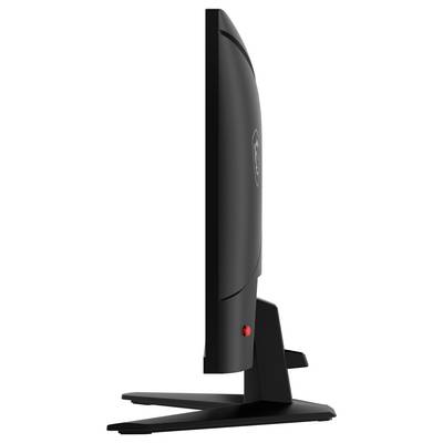 Une vue latérale d'un moniteur d'ordinateur élégant et noir sur un support, mettant en valeur son profil fin et son design moderne.
