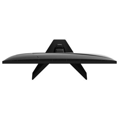 Un écran d'ordinateur élégant et moderne vu de dessus, avec son boîtier incurvé brillant noir et son support robuste.