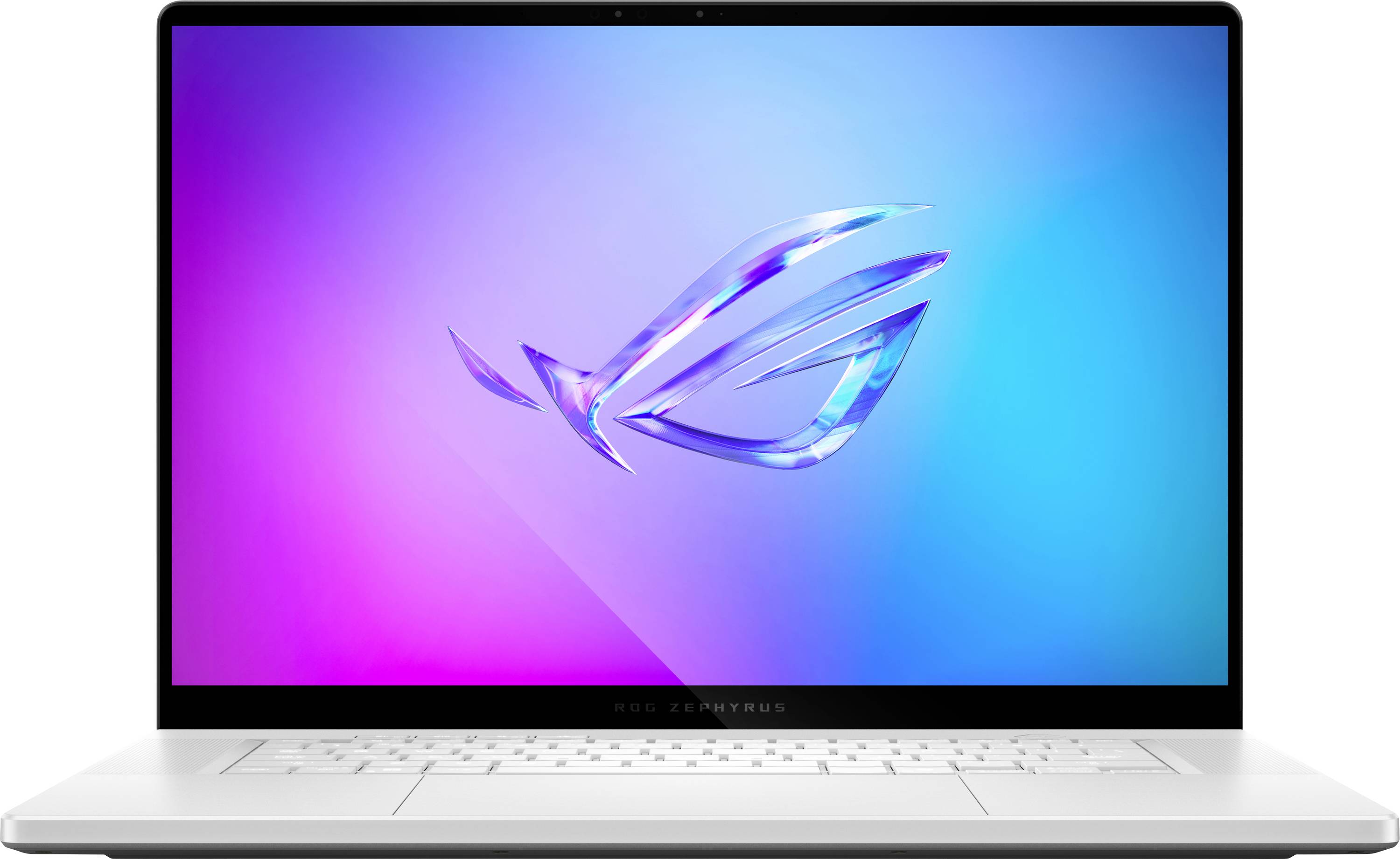 Un ordinateur portable élégant et blanc avec un écran lumineux affichant un logo ROG stylisé sur un fond dégradé bleu et rose.