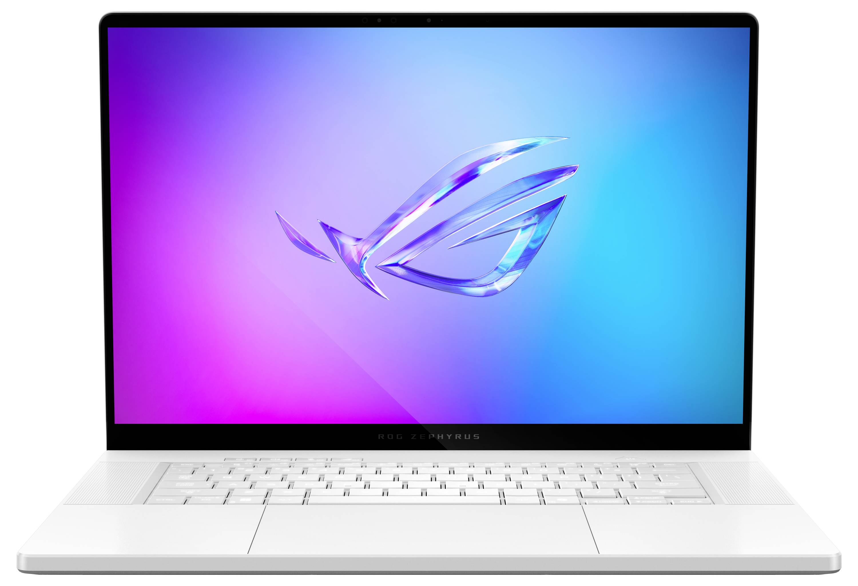 Un ordinateur portable blanc affichant un logo coloré à l'écran sur un fond dégradé bleu et rose. Le clavier est visible.