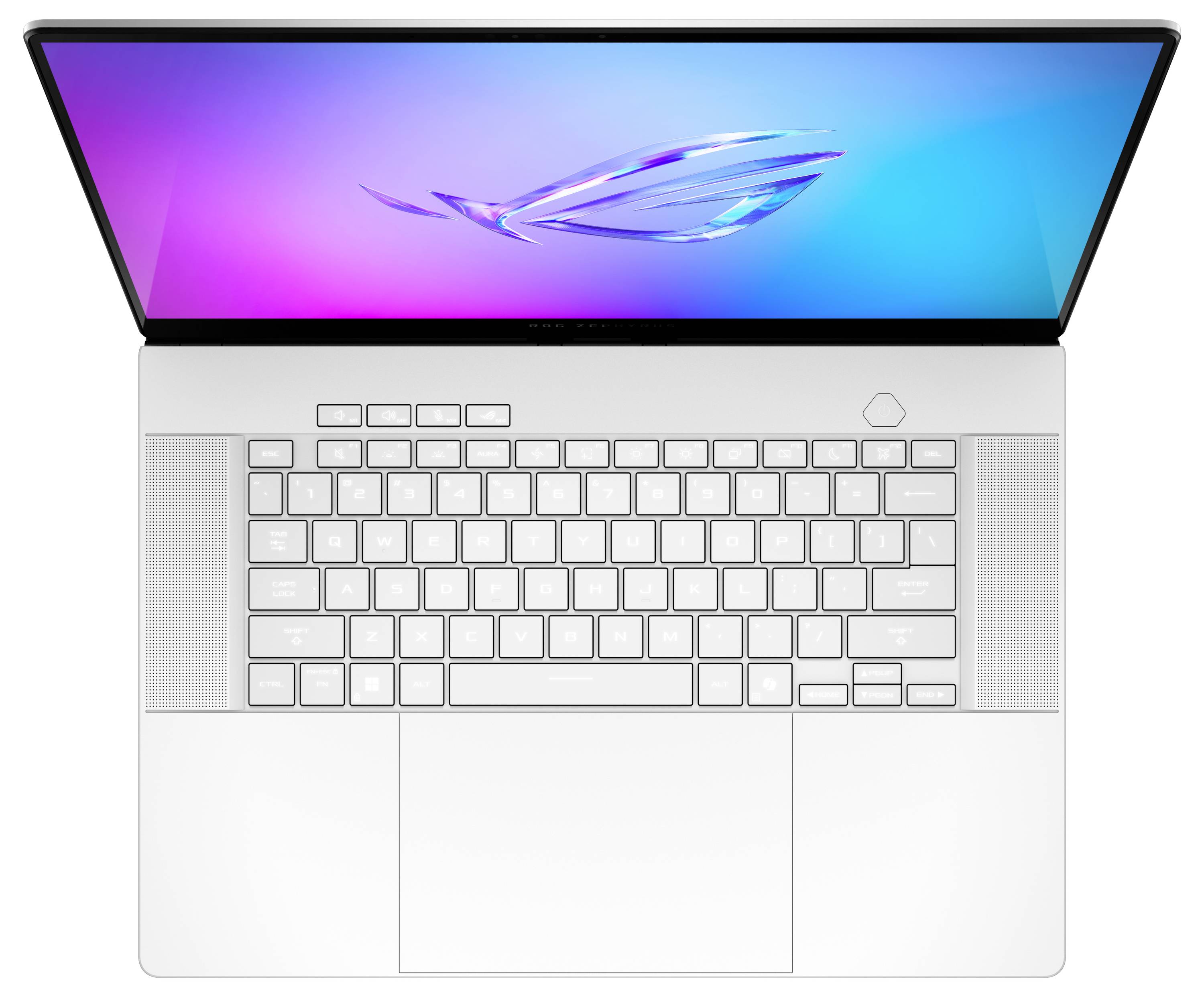 Vue de dessus d'un ordinateur portable ouvert avec un écran dégradé affichant un logo stylisé au centre. Le clavier est bien visible.