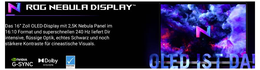 Un ordinateur portable mettant en vedette un écran lumineux et du texte en allemand mettant en avant un panneau OLED 2,5K de 16 pouces avec 240 Hz pour des visuels améliorés.