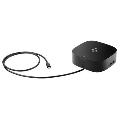 « Une station d'accueil HP noire avec câble USB-C, offrant plusieurs ports dont HDMI et USB pour la connectivité des appareils. »