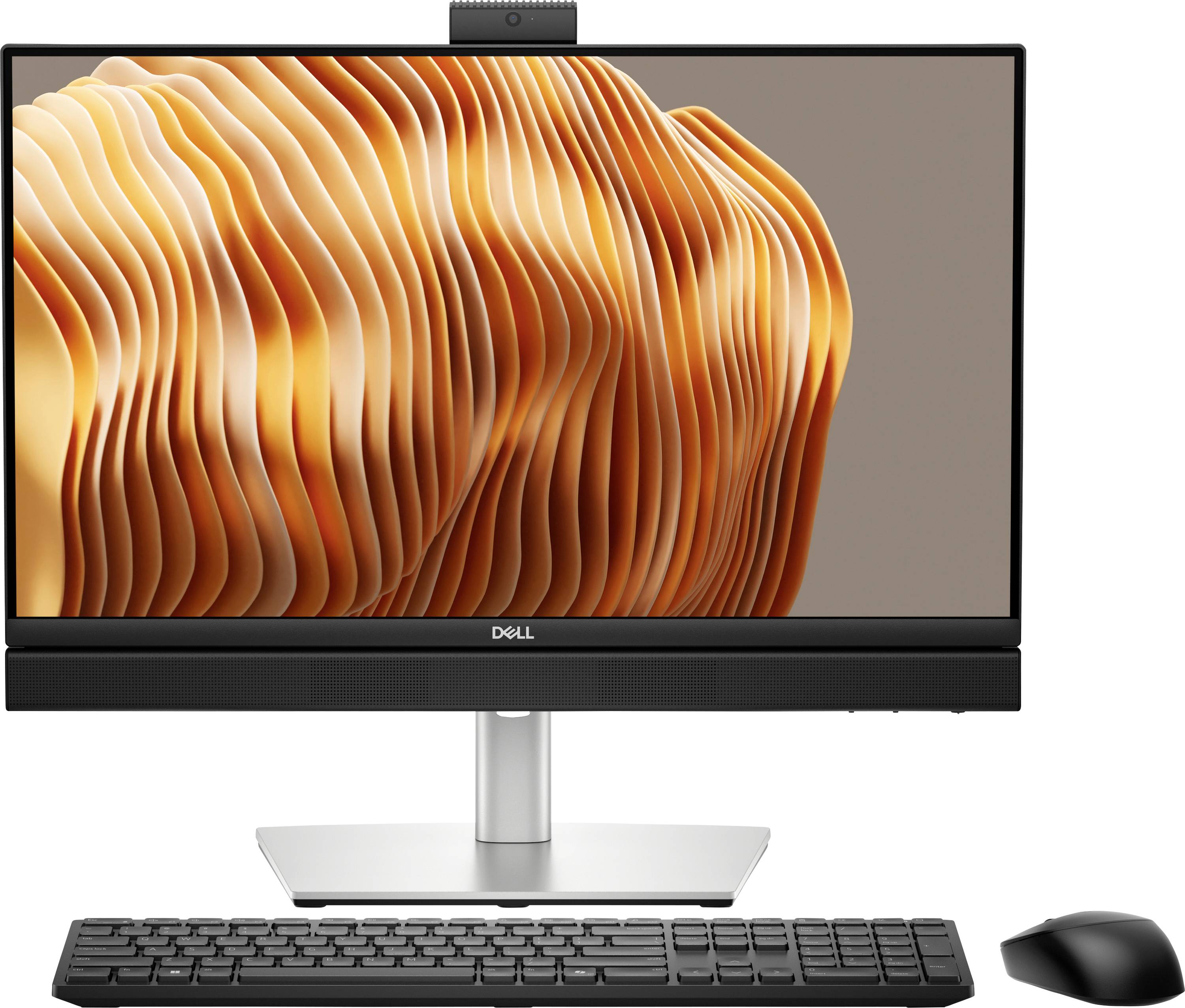 Un ordinateur de bureau avec un écran affichant un motif abstrait orange ; comprend un clavier et une souris, suggérant un ensemble prêt à l'emploi.