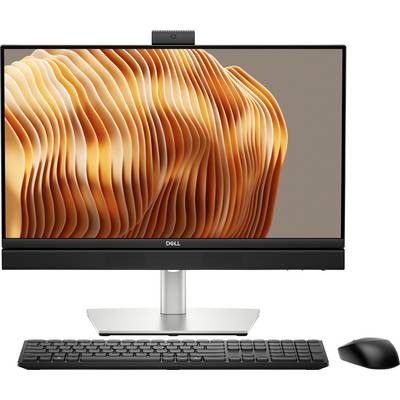 Un ordinateur de bureau avec un écran affichant un motif abstrait orange ; comprend un clavier et une souris, suggérant un ensemble prêt à l'emploi.
