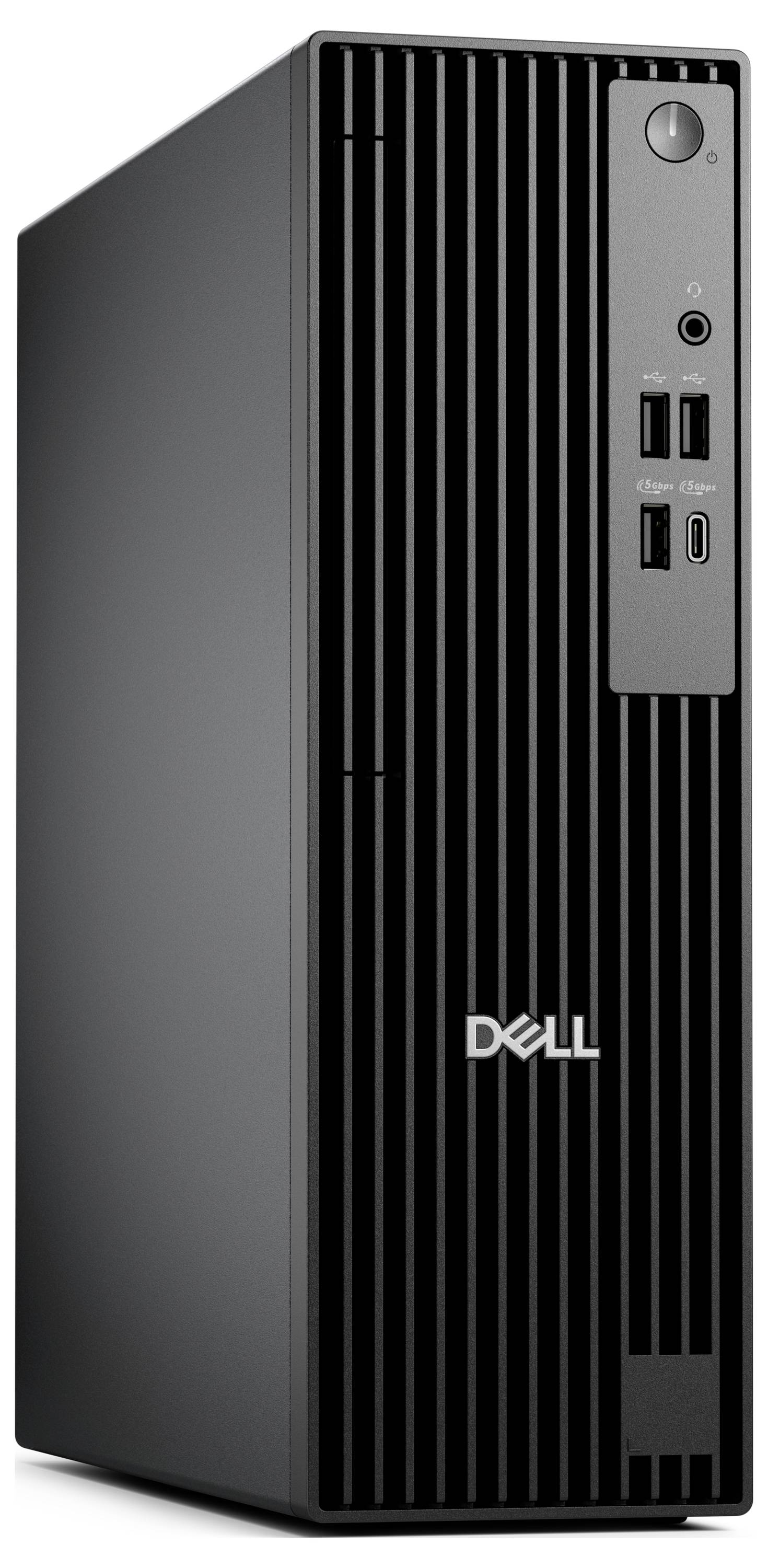 Ordinateur de bureau Dell noir avec un design à rayure verticale sur le panneau avant, équipé de ports USB et d'un bouton d'alimentation.