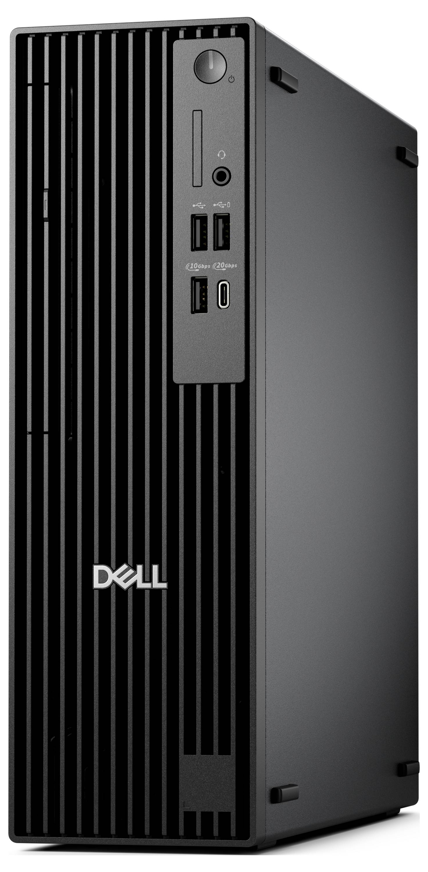 Une tour Dell noire avec des ports USB et audio en façade, un bouton d'alimentation et un logo Dell, adaptée à une utilisation sur bureau.