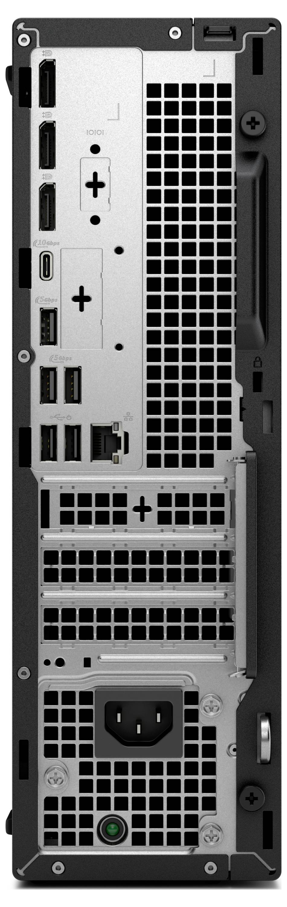 L'image montre le panneau arrière d'un ordinateur de bureau, présentant plusieurs ports dont HDMI, USB et Ethernet, ainsi qu'une prise d'alimentation.