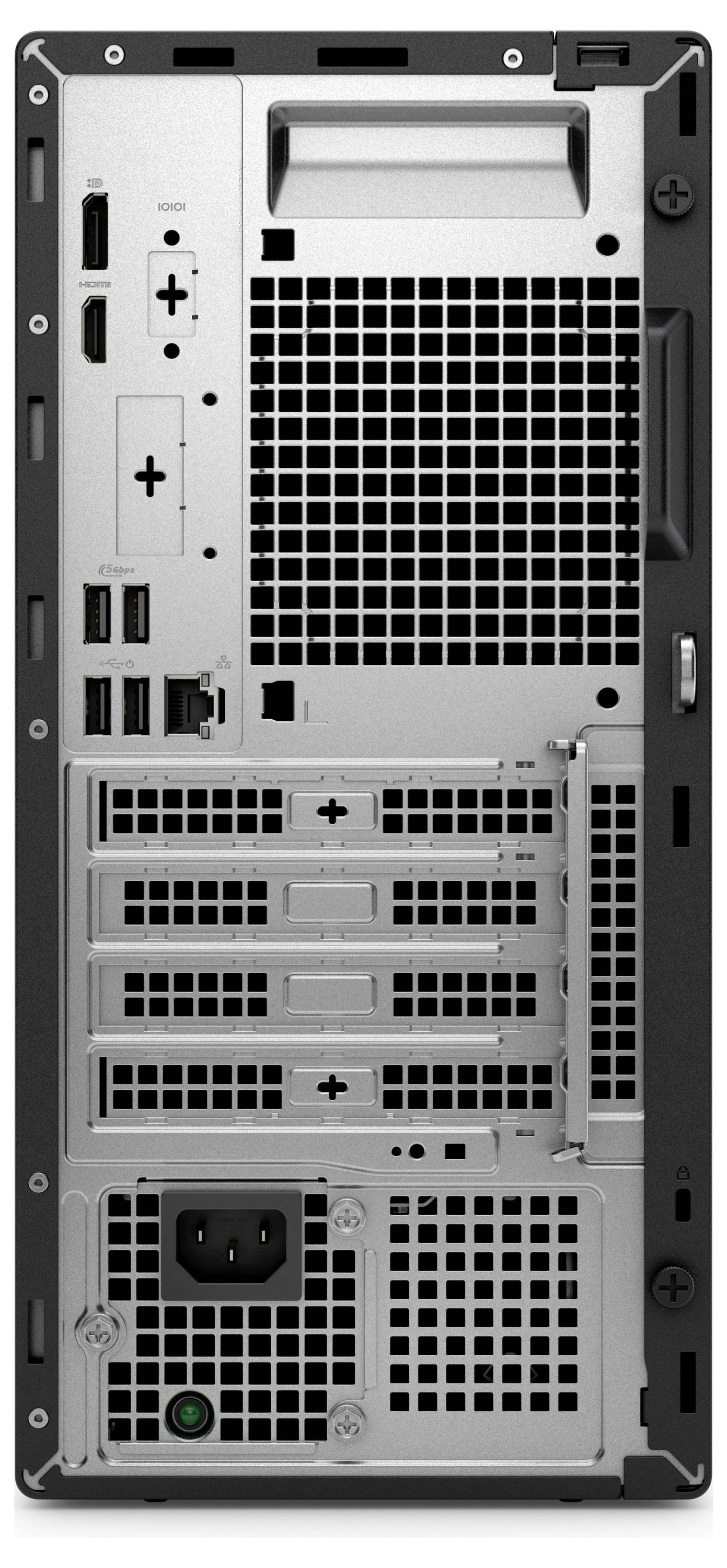 L'image montre le panneau arrière d'un boîtier d'ordinateur avec différentes ports comprenant des connecteurs HDMI, USB et d'alimentation électrique.
