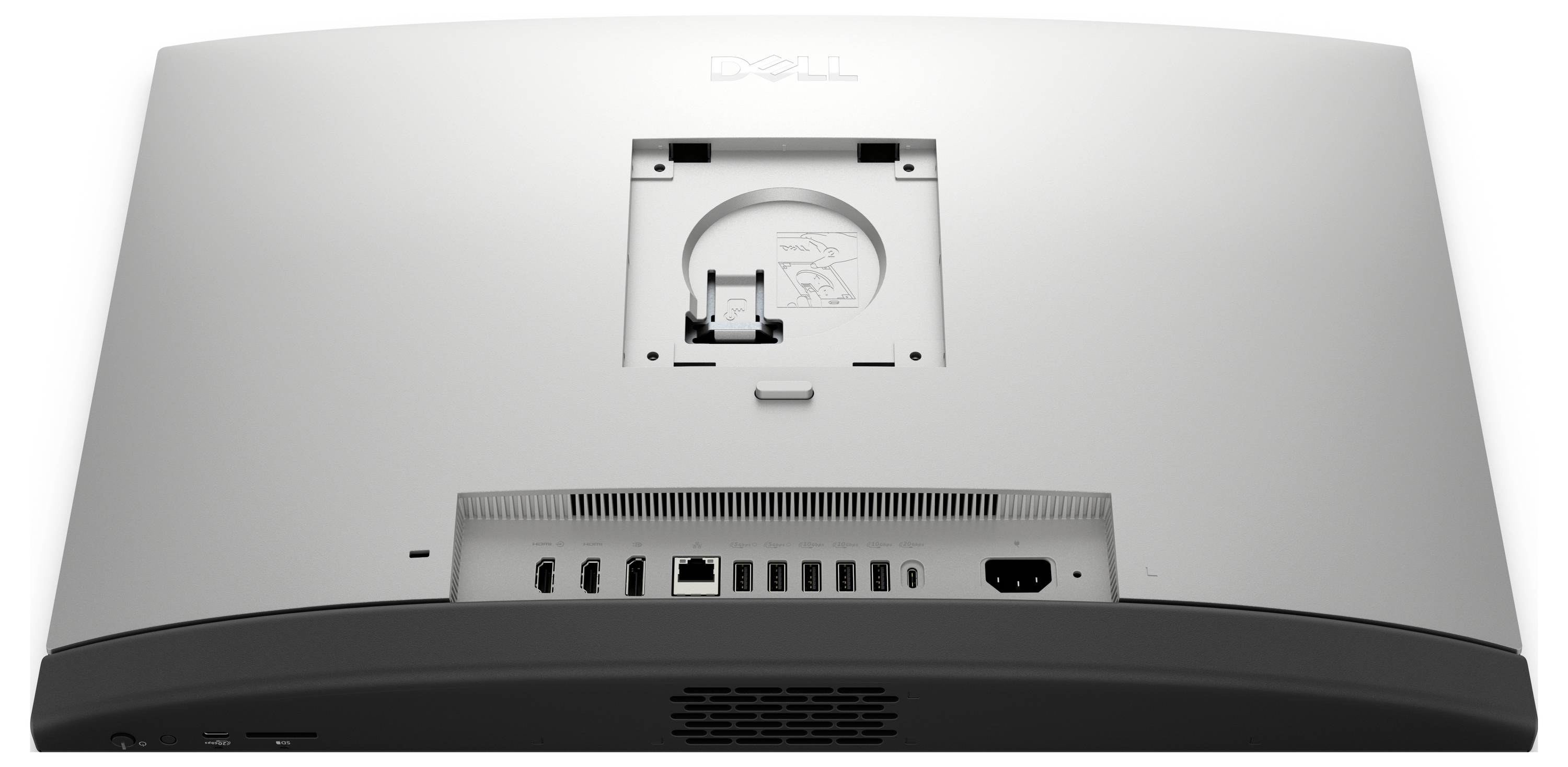 La vue arrière d'un moniteur Dell montre des ports comprenant HDMI, DisplayPort et une entrée d'alimentation, avec un emplacement pour le montage.