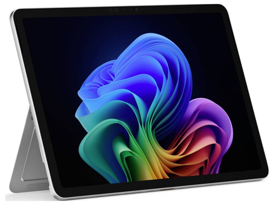 Une tablette avec un design abstrait et coloré en forme de tourbillon sur l'écran, placée sur son support contre un fond blanc.