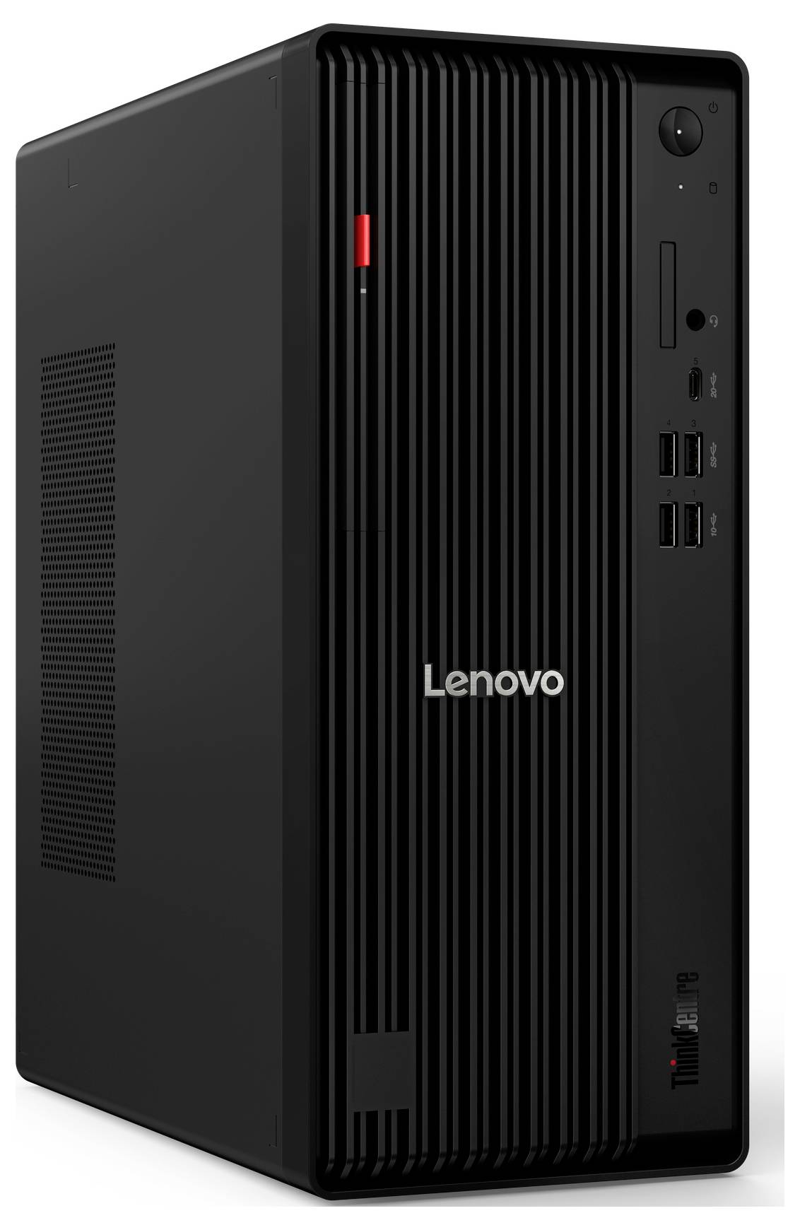 Une tour de bureau Lenovo noire avec des ports USB à l'avant, un lecteur DVD et un bouton d'alimentation. Le logo Lenovo est visible sur le panneau avant.
