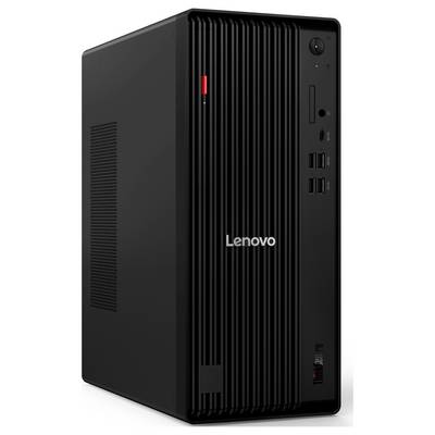 Une tour de bureau Lenovo noire avec des ports USB à l'avant, un lecteur DVD et un bouton d'alimentation. Le logo Lenovo est visible sur le panneau avant.