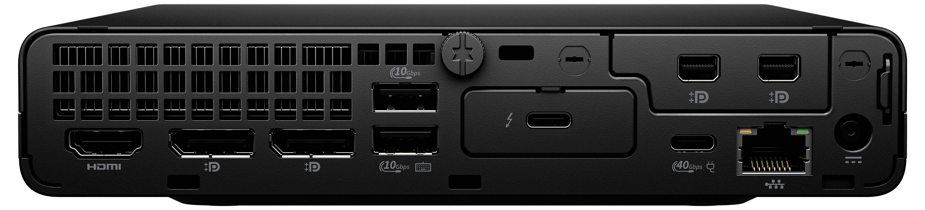 L'image montre le panneau arrière d'un appareil noir avec plusieurs ports, comprenant trois ports HDMI, des ports USB, un port Ethernet et des fentes de ventilation.