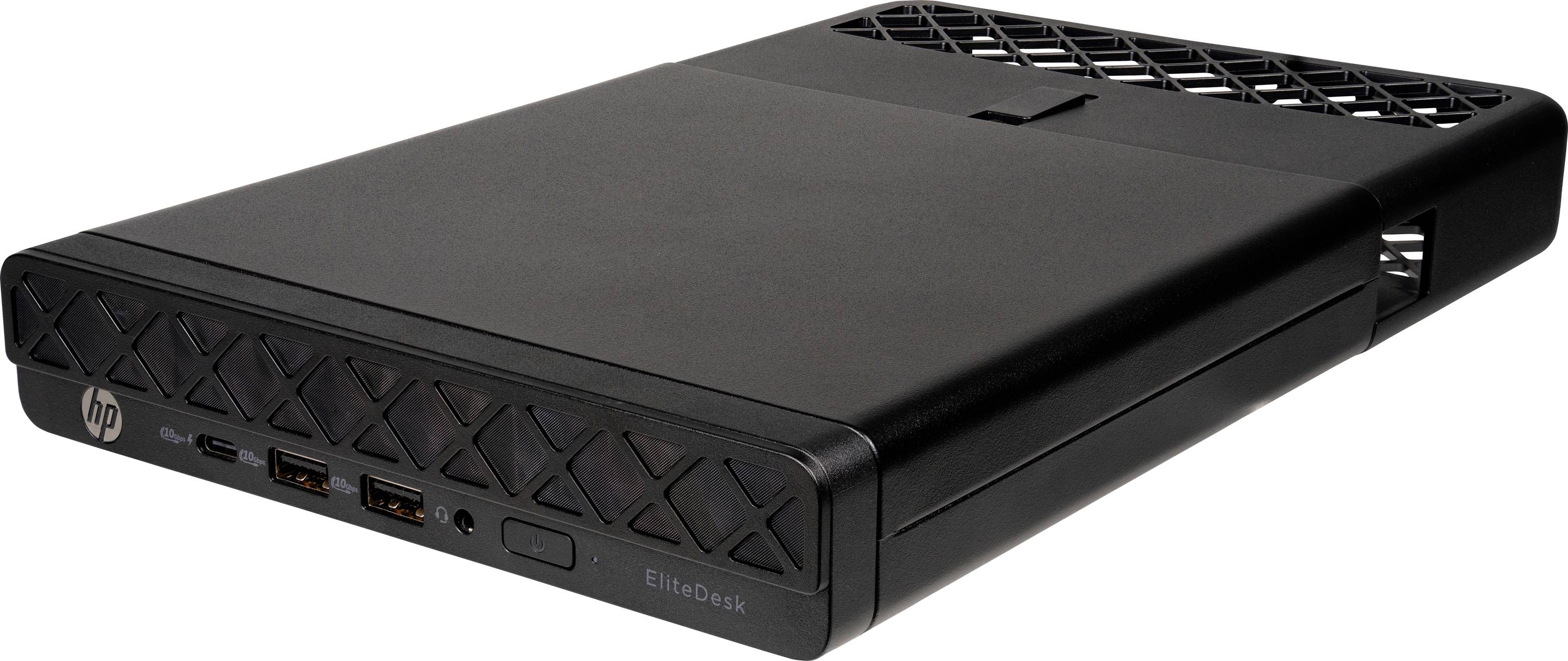 Un ordinateur de bureau HP noir, modèle EliteDesk, doté de ports USB et audio sur le panneau avant, avec un design compact et élégant.