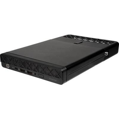 Un ordinateur de bureau HP noir, modèle EliteDesk, doté de ports USB et audio sur le panneau avant, avec un design compact et élégant.