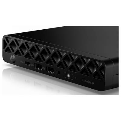 Un ordinateur de bureau mini HP EliteDesk noir et élégant, doté d'un panneau avant ventilé à motif, de ports USB et d'un bouton d'alimentation.
