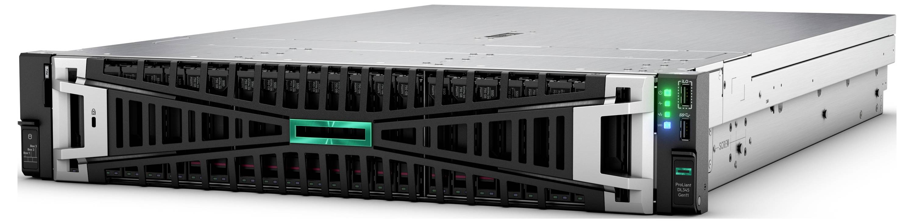 Un serveur informatique argenté et noir doté de plusieurs emplacements et voyants lumineux sur son panneau avant, suggérant un traitement ou un stockage de données.