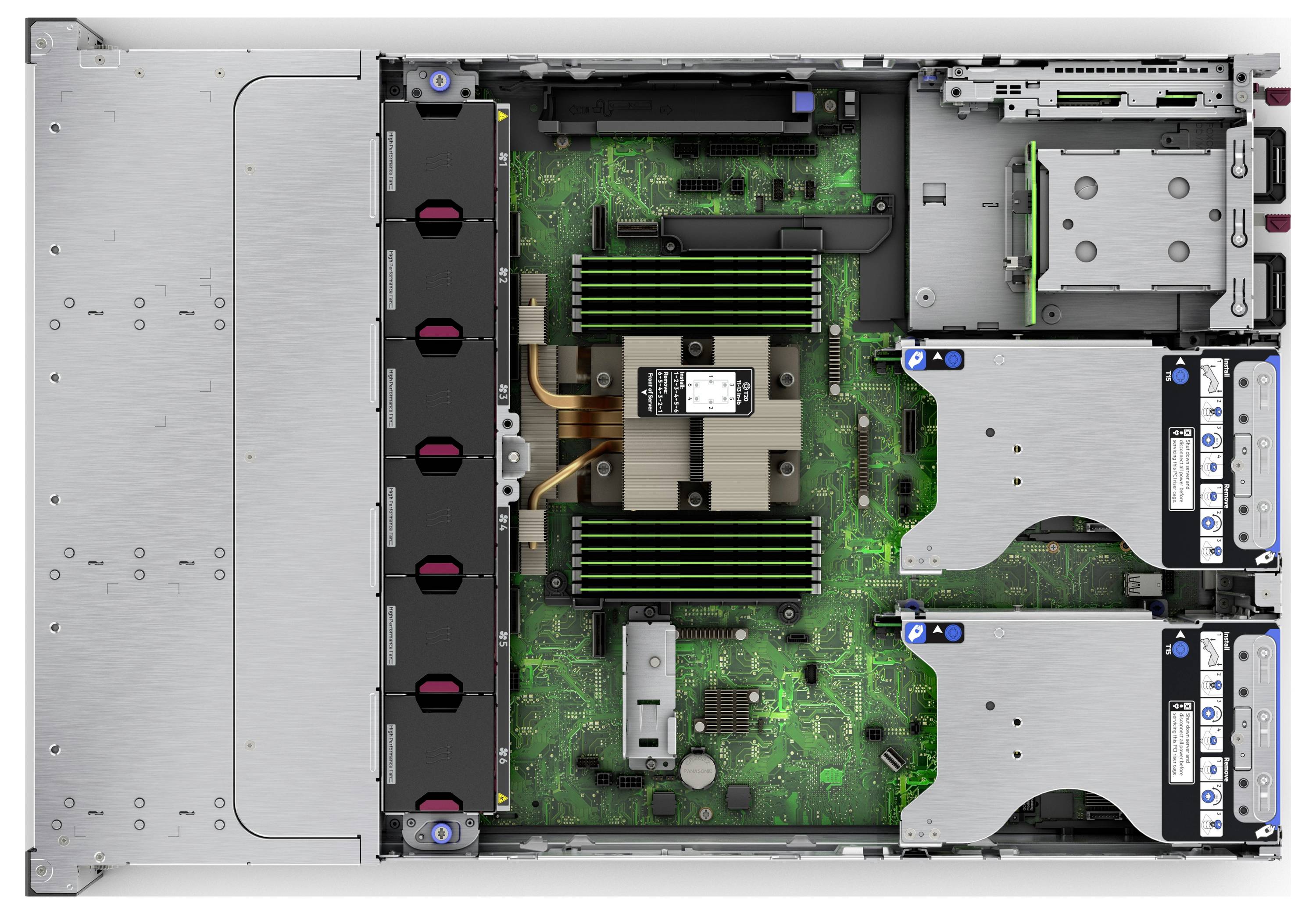 Un serveur informatique vu de l'intérieur, montrant la carte mère, le système de refroidissement, les modules de RAM et les baies de stockage, illustrant la disposition du matériel.