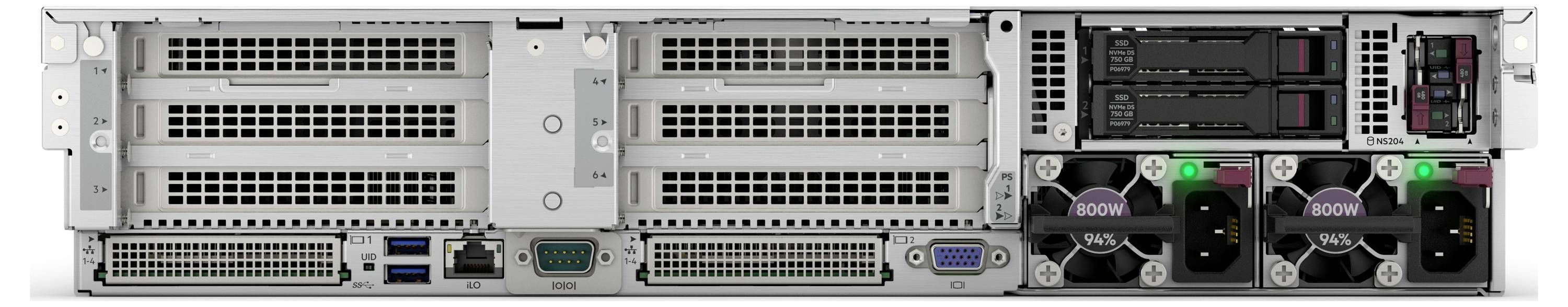 L'image montre la vue arrière d'un serveur avec plusieurs ports, ventilateurs de refroidissement et unités d'alimentation électrique sur une surface métallique.
