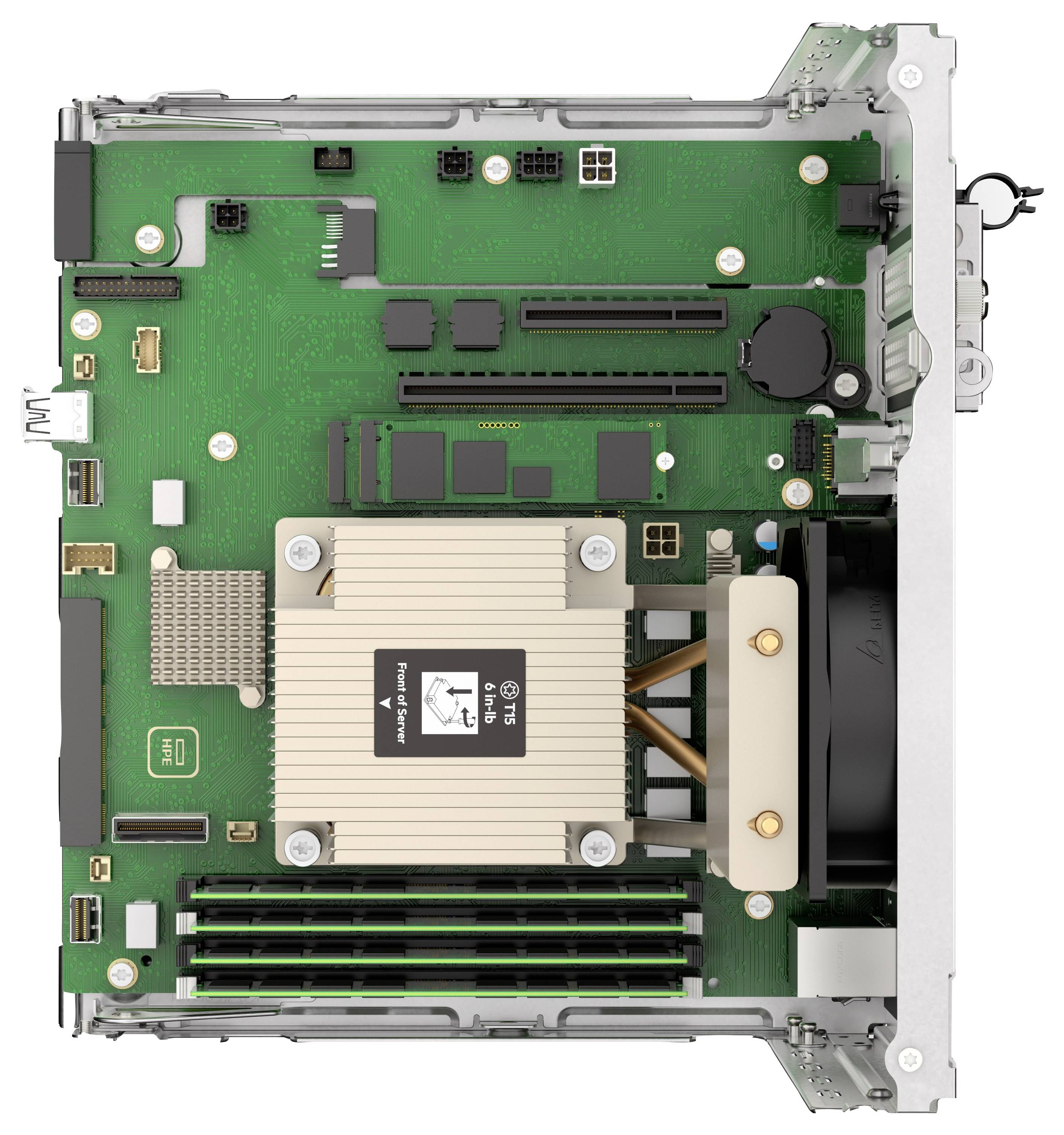 Une carte électronique à surface verte, présentant divers composants électroniques dont un grand dissipateur thermique, des ports et des connecteurs.
