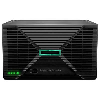 Un serveur MicroServer ProLiant Gen11 noir avec un logo vert lumineux à l'avant, présentant des grilles de ventilation et plusieurs voyants LED.