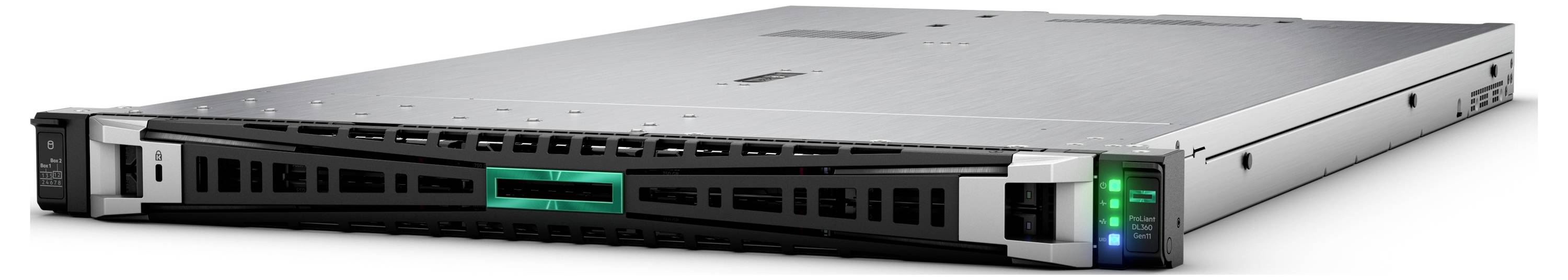 Un serveur argenté doté d'un panneau avant présentant des indicateurs LED, montrant le statut opérationnel, placé sur un fond uni.