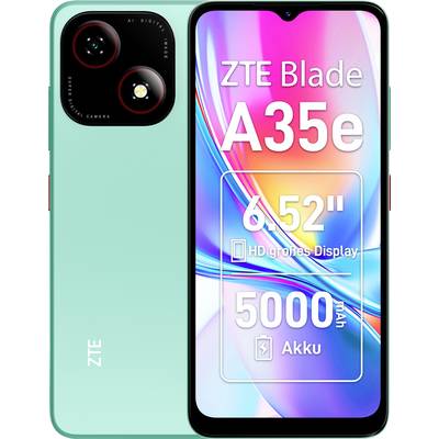Caractéristiques de l'écran du smartphone 'ZTE Blade A35e' : 'Grand écran HD de 6,52"', 'Batterie de 5000 mAh', avec un accent mis sur les fonctionnalités de l'appareil photo.