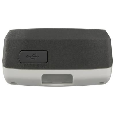 Un appareil électronique arborant un symbole USB sur un panneau noir, indiquant probablement un port USB à l'avant. Le boîtier est gris, avec une petite cavité en dessous.