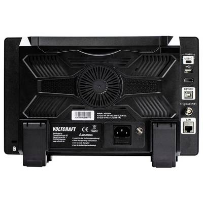 Vue arrière d'un appareil montrant les ports, comprenant USB-C, alimentation, LAN et sortie déclencheur. Comprend un ventilateur central et l'étiquette du fabricant.