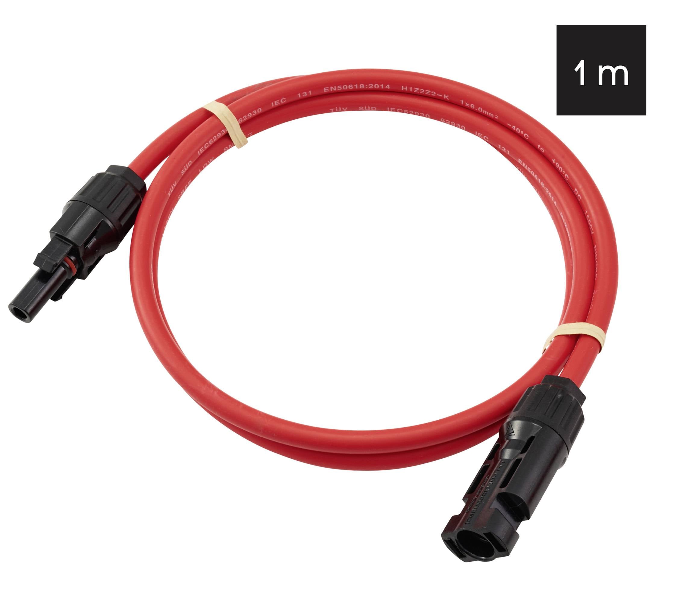 Un câble électrique rouge avec des connecteurs noirs en forme de cercle, marqué '1 m' indiquant sa longueur.
