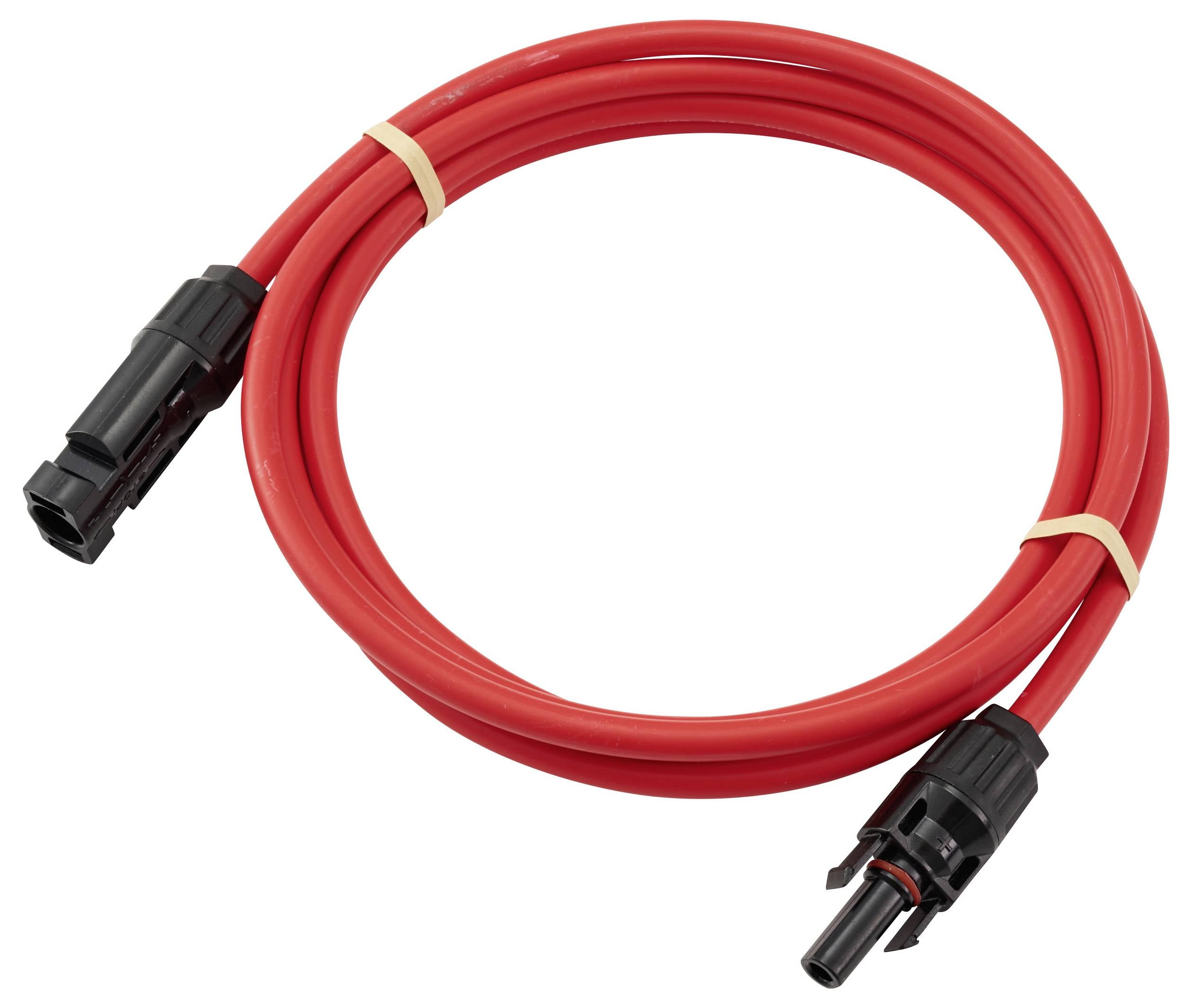 Un câble électrique rouge enroulé avec des connecteurs noirs aux deux extrémités et une bande élastique de couleur beige le maintenant.