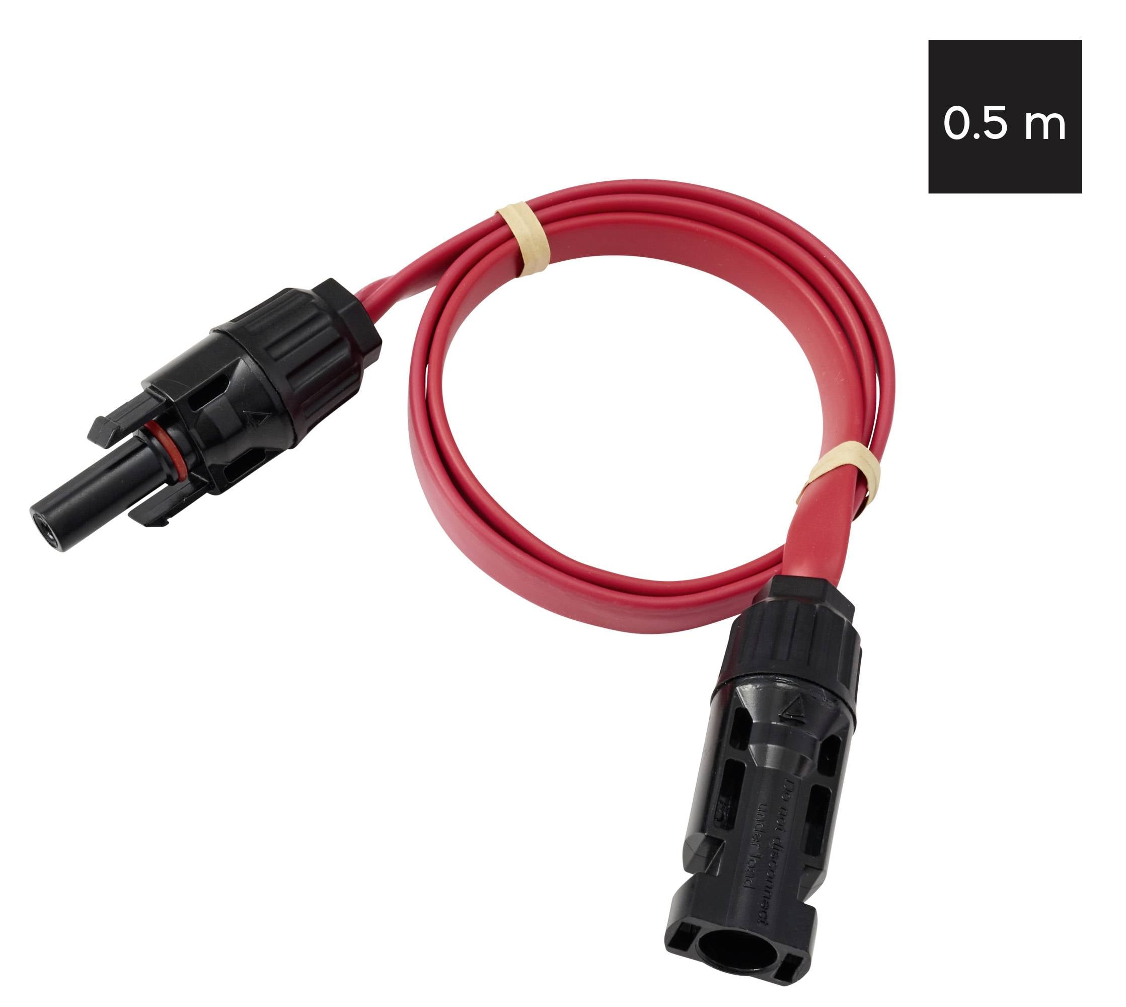 Câble électrique rouge de 0,5 m avec connecteurs mâle et femelle à chaque extrémité, enroulé et maintenu avec des élastiques.