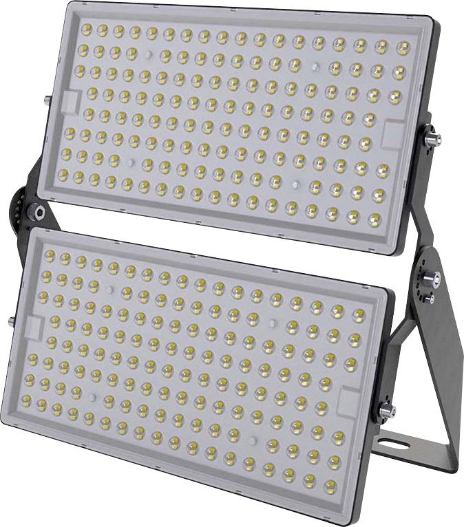 Un projecteur à LED à double panneau avec de multiples petites ampoules rondes sur chaque panneau, monté sur un support réglable pour un éclairage directionnel.