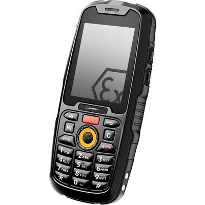 Un téléphone mobile robuste de couleur noire, équipé d'un clavier, de touches larges et d'un petit écran affichant un symbole 'Ex', indiquant une conception protégée pour les environnements à risques.