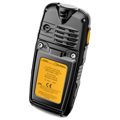 L'image montre l'arrière d'un appareil mobile robuste avec une étiquette jaune détaillant les spécifications techniques et les certifications, notamment IECEx et IP68.