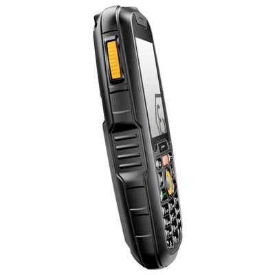 Un téléphone mobile robuste de couleur noire avec un bouton latéral orange et un clavier physique, conçu pour la durabilité et les environnements difficiles.