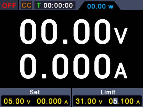 Affichage de l'alimentation électrique numérique montrant la tension à '00,00 V' et le courant à '0,000 A'. Paramètres : 'Réglage - 05,00 V, 00,00 A' ; 'Limite - 31,00 V, 5,100 A'.
