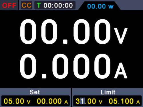 Affichage de l'alimentation montrant une tension de '00,00 V' et un courant de '0,000 A'. Les paramètres indiquent une limite de tension de 31,00 V et une limite de courant de 5,100 A.