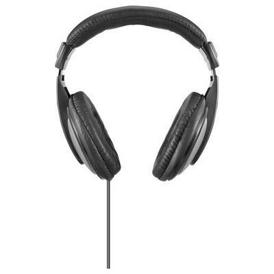 Casque audio noir circumaural avec coussinets d'oreille et arceau rembourrés, présenté sur un fond blanc.
