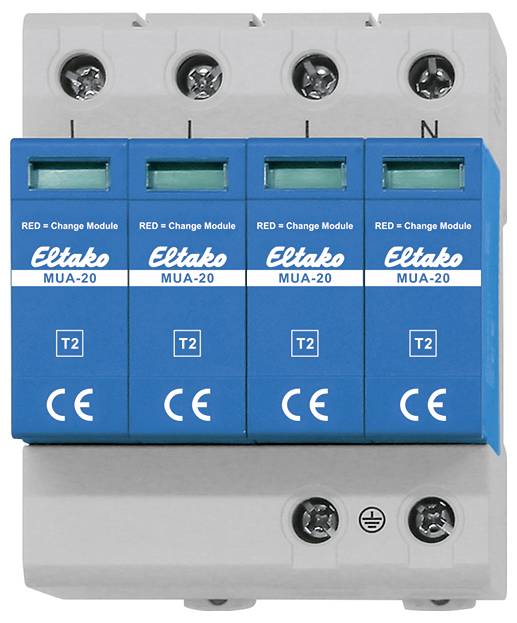 Un dispositif de protection contre les surtensions équipé de quatre modules bleus, étiquetés « Eltako MUA-20 T2 », fixés sur un socle gris avec des connexions à vis apparentes.