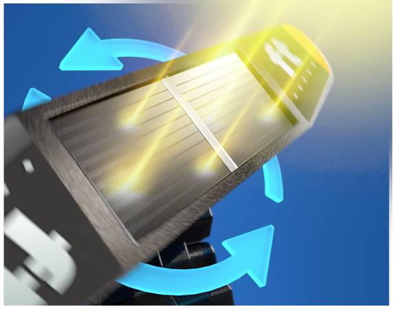 Un panneau solaire rotatif avec des rayons lumineux brillants symbolise l'énergie renouvelable sur un fond bleu avec des flèches indiquant le mouvement.