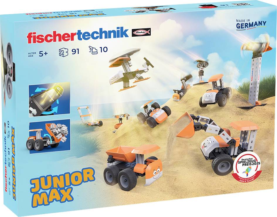 Ensemble de construction 'Junior Max' présentant des véhicules jouets, recommandé pour les enfants de 5 ans et plus, comprenant 91 pièces. Fabriqué en Allemagne.