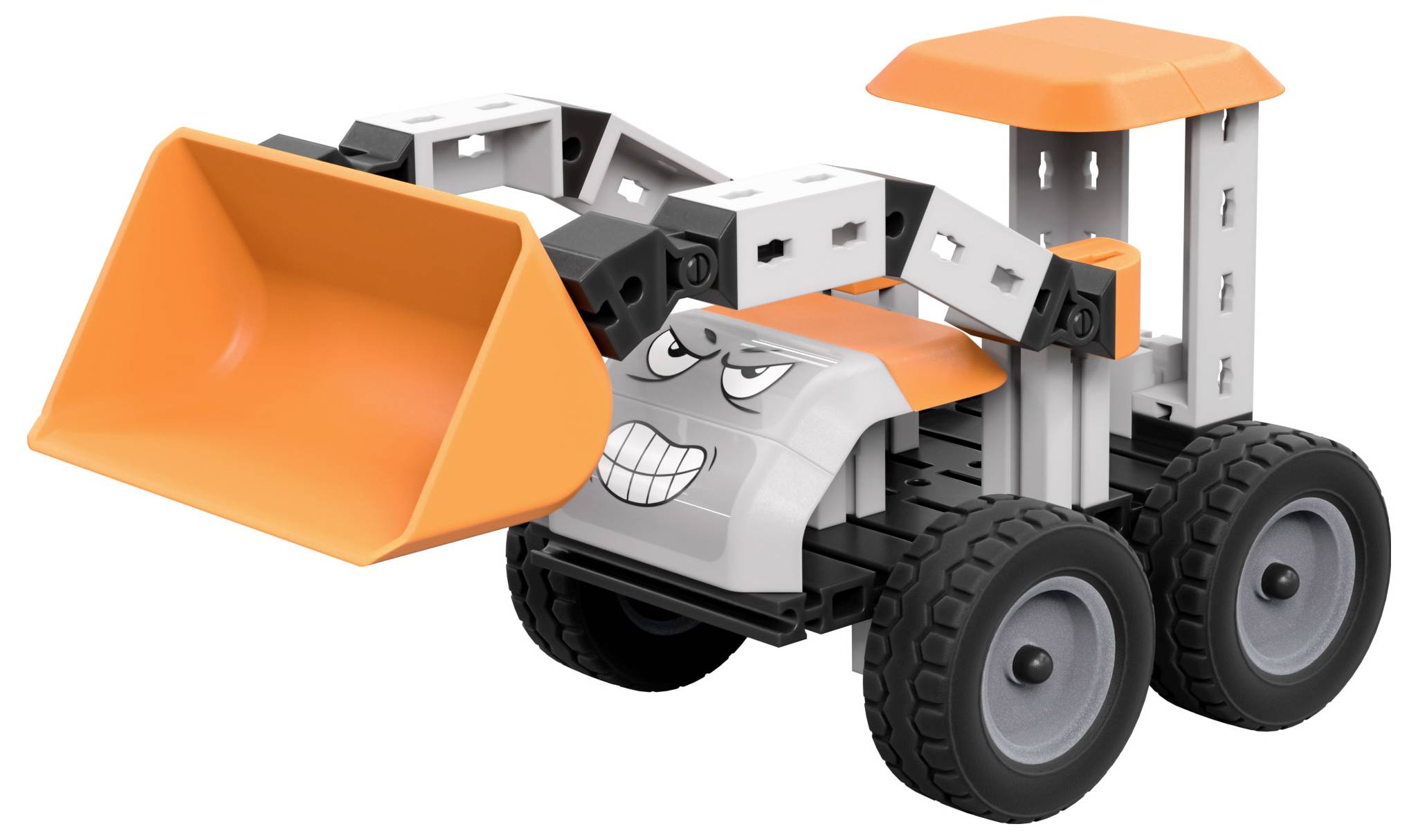Bulldozer jouet avec un corps gris, une pelle orange et un toit, arborant un visage ludique et en colère à l'avant, conçu pour le jeu des enfants.