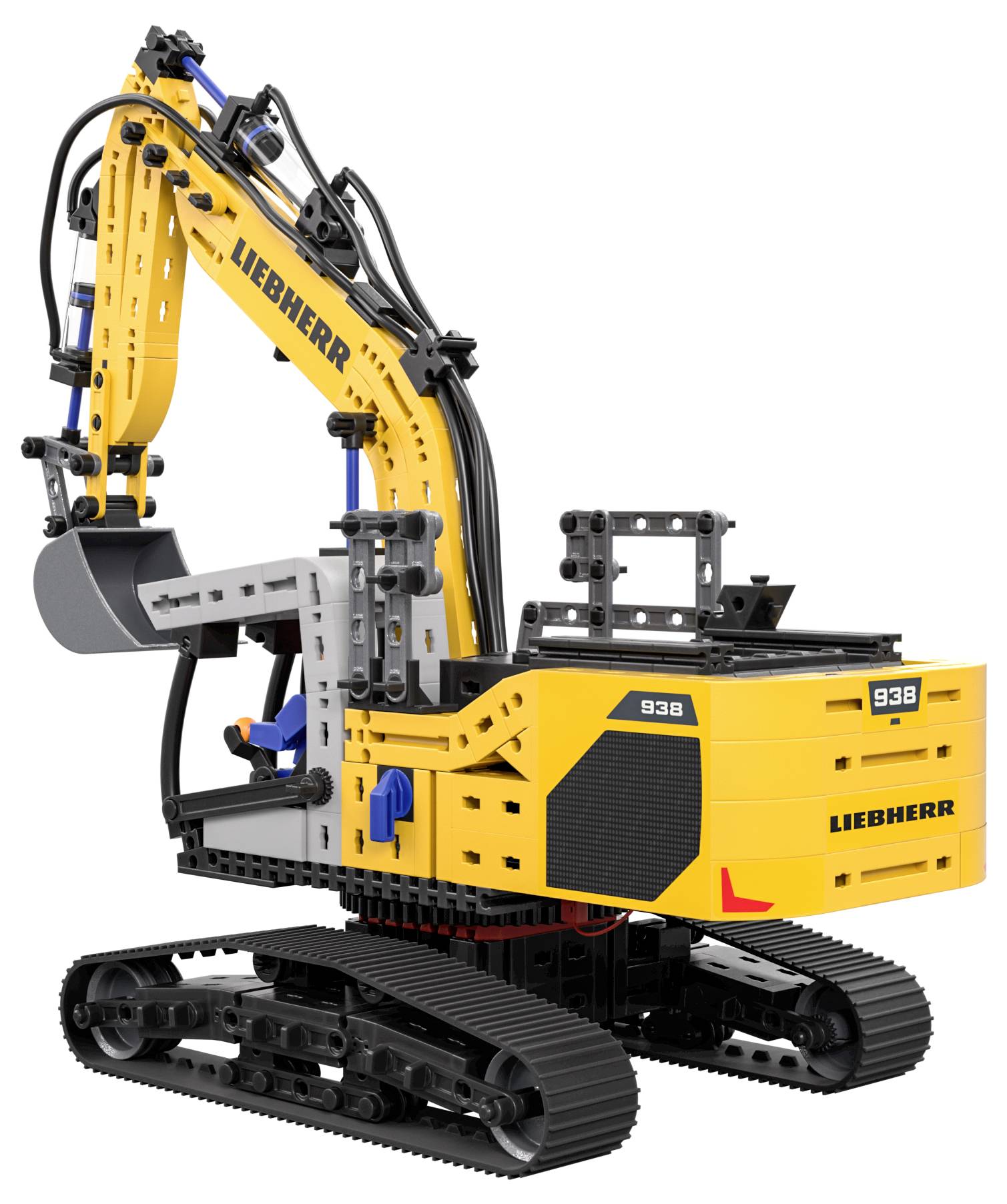 Un modèle de pelleteuse jouet jaune et noir avec la marque 'Liebherr', doté d'un bras mobile et de chenilles, ressemblant à un véhicule de construction.