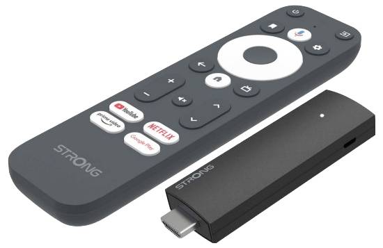 « Appareil de streaming et télécommande avec des boutons pour des applications populaires comme YouTube et Netflix, démontrant la compatibilité avec les fonctionnalités des téléviseurs intelligents. »