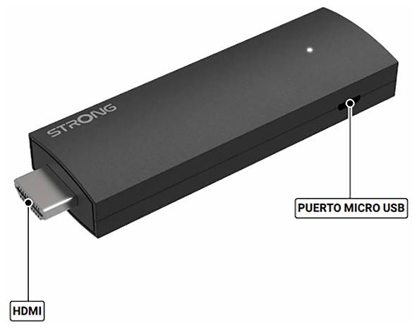 Un appareil de streaming média noir avec le logo 'STRONG', montrant les ports HDMI et micro USB étiquetés.