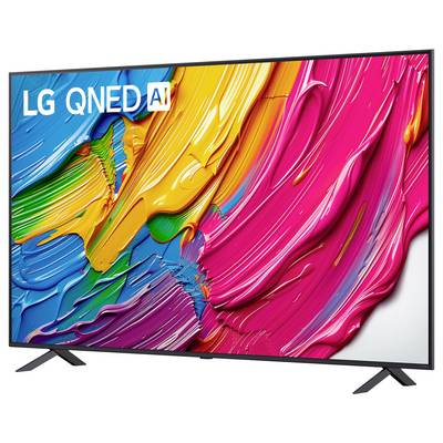 Un téléviseur LG QNED AI vif, posé sur un support, affiche des traits de peinture abstraits et colorés, mettant en valeur les capacités de couleurs éclatantes de l'écran.