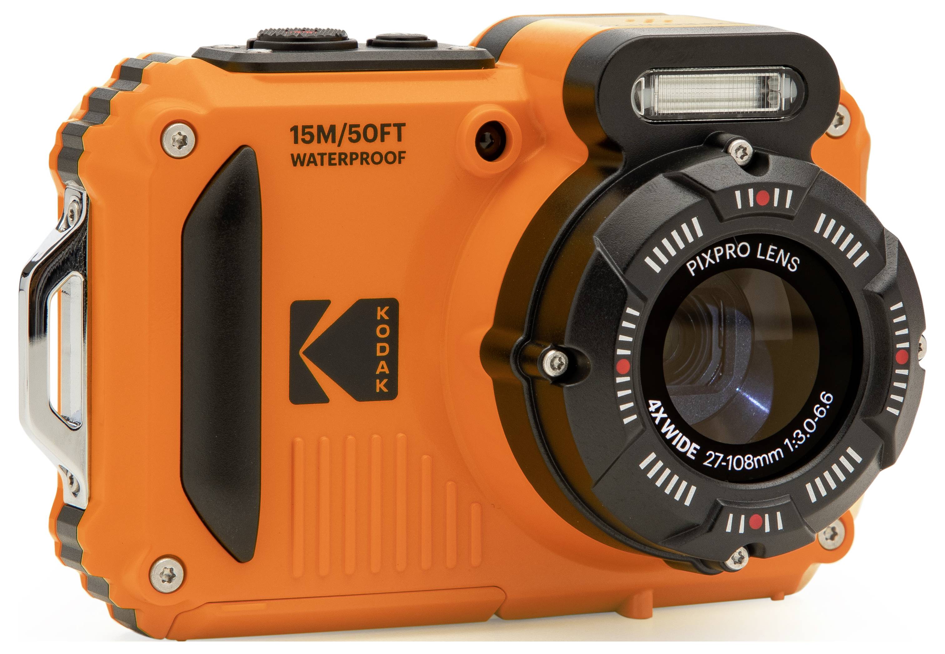 Appareil photo Kodak orange étanche avec objectif PixPro, conçu pour une utilisation robuste, capable de prendre des photos jusqu'à 15 mètres sous l'eau.