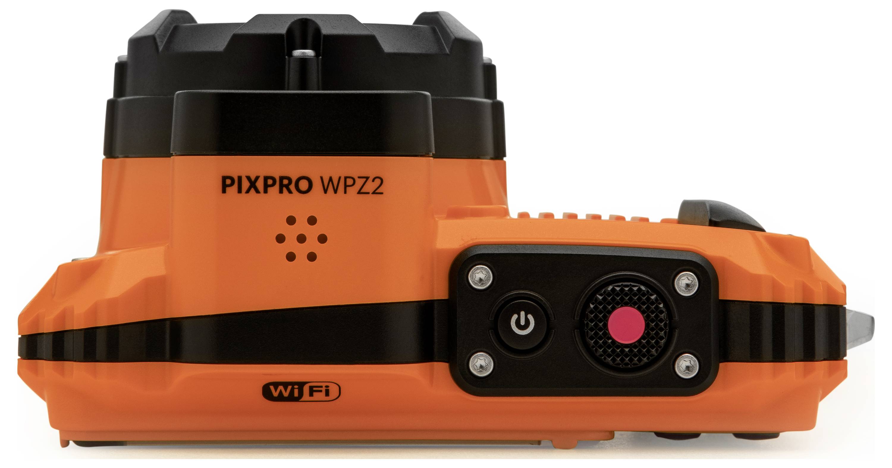 Un appareil photo 'PIXPRO WPZ2' orange et noir avec un symbole WiFi, doté de boutons de commande et d'un design robuste pour une utilisation en extérieur.